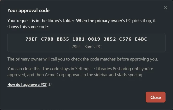 The Your approval code window with a code to read out to the primary owner.