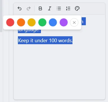 The text editor toolbar with undo, redo, bold, italic, list and text color buttons, and the color menu open.