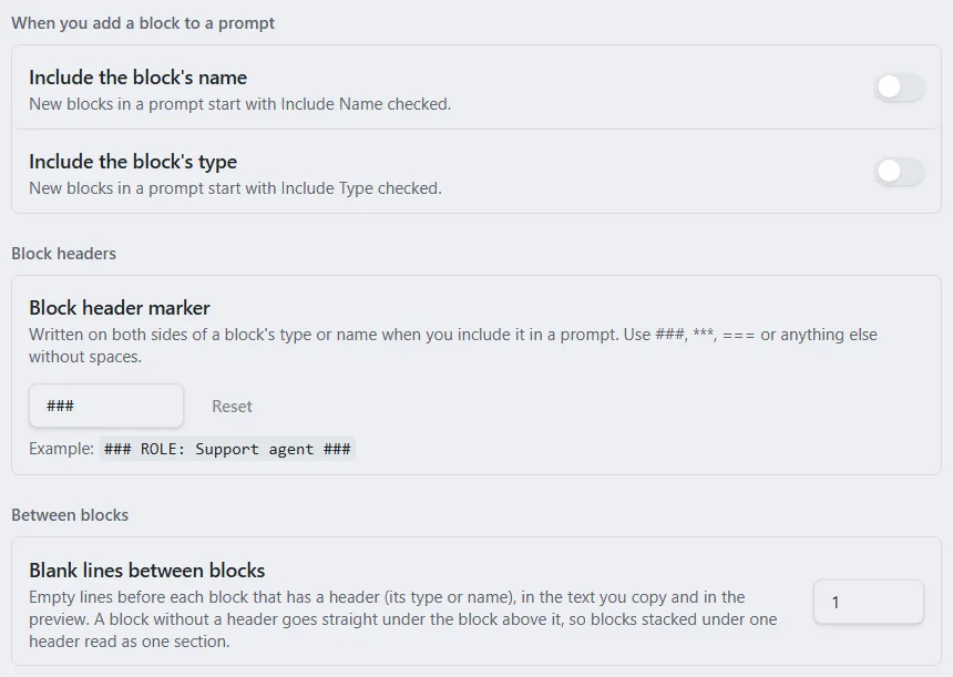 The two Include switches and the Blank lines between blocks box in Settings.