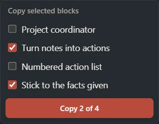 The Copy selected blocks list with two blocks unticked and a Copy 2 of 4 button.