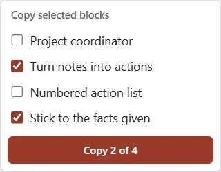 The Copy selected blocks list with two blocks unticked and a Copy 2 of 4 button.
