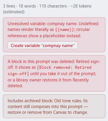 The prompt pane with warnings about an archived block, a deleted block and an unresolved variable.