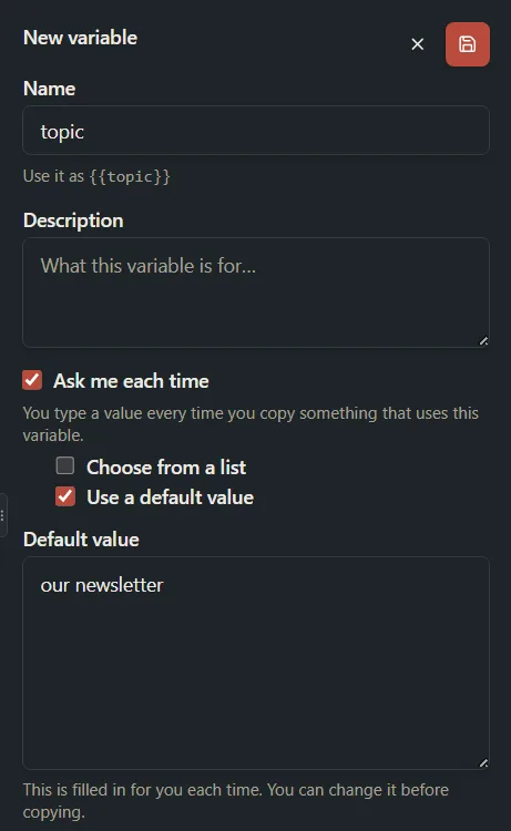 The new variable form with Ask me each time and Use a default value ticked and a default value typed.