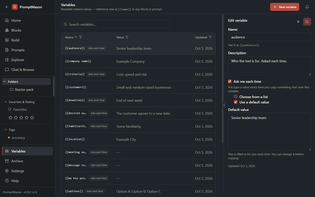 The Variables screen with a list of variables and the Edit variable pane open for audience, with Ask me each time and a default value.