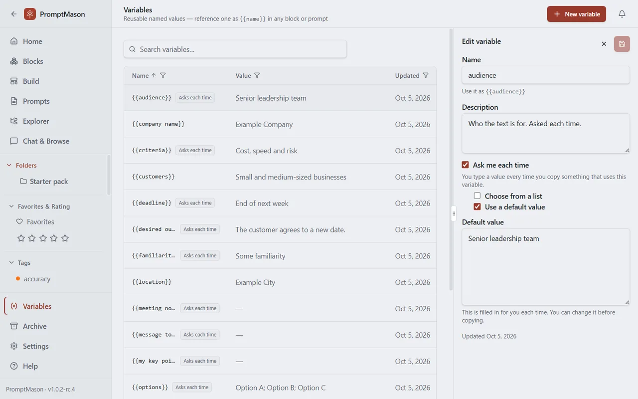 The Variables screen with a list of variables and the Edit variable pane open for audience, with Ask me each time and a default value.