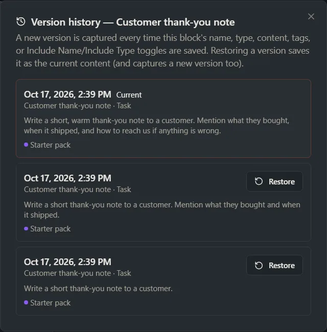 The Version history window listing three versions of a block, newest first with Current beside it, and a Restore button on the older ones.