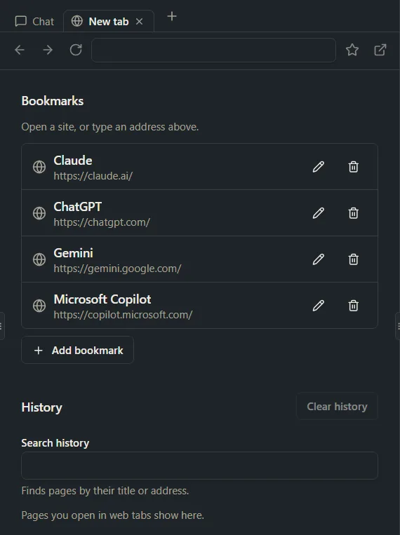 A new web tab with an address box and bookmarks for Claude, ChatGPT, Gemini and Microsoft Copilot.
