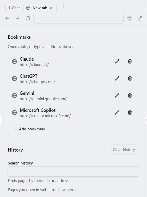 A new web tab with an address box and bookmarks for Claude, ChatGPT, Gemini and Microsoft Copilot.