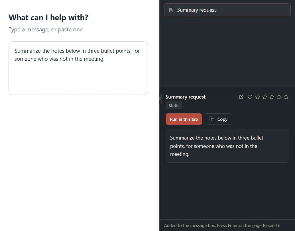 A web tab with a prompt placed in the site’s message box and a line saying to press Enter on the page to send it.