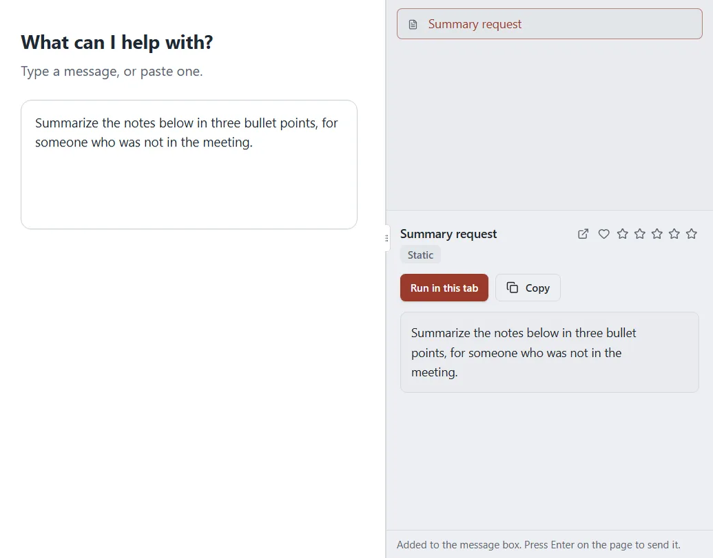 A web tab with a prompt placed in the site’s message box and a line saying to press Enter on the page to send it.