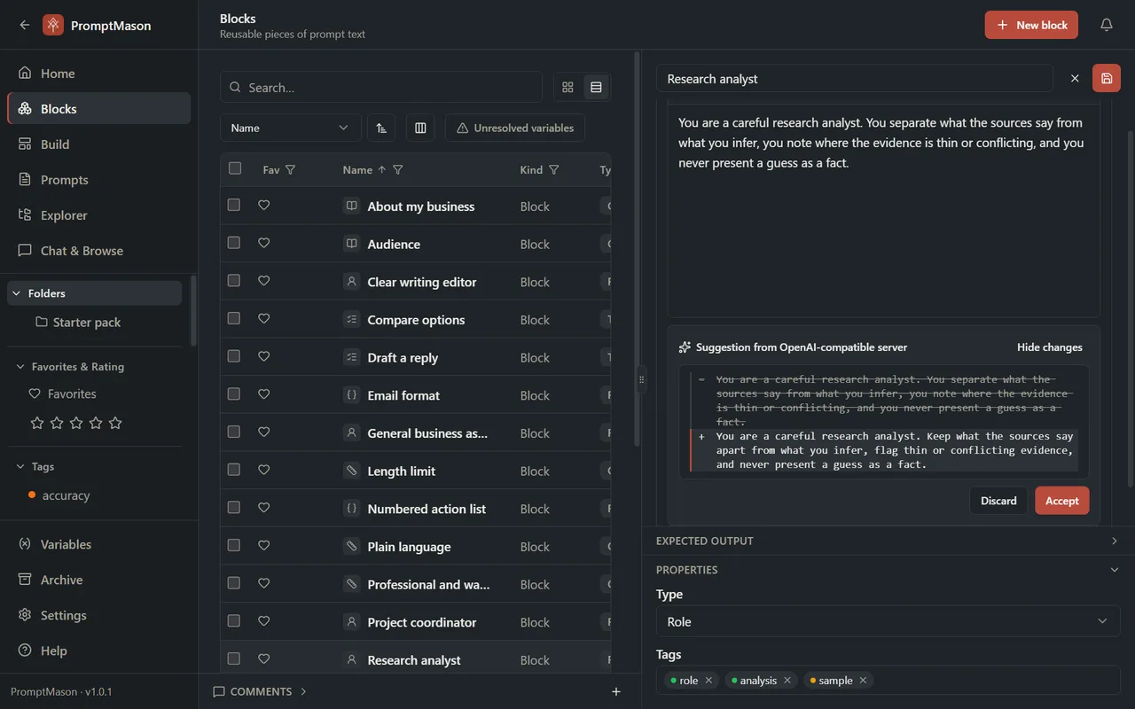 A block being edited, with AI assist’s suggested rewrite under it and the changes marked line by line, ready to accept or discard.