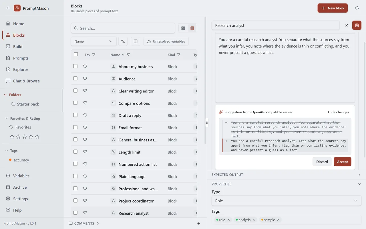 A block being edited, with AI assist’s suggested rewrite under it and the changes marked line by line, ready to accept or discard.