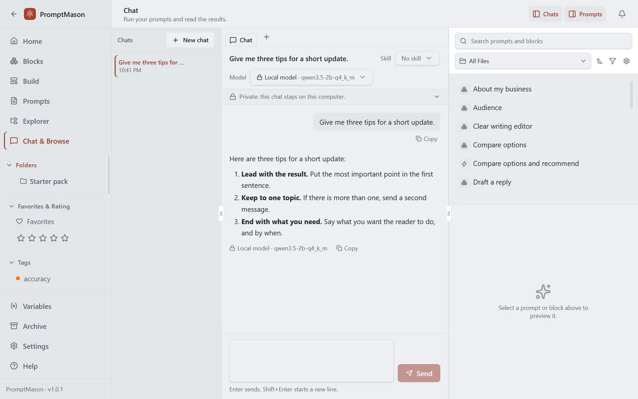 Chat on the local model, marked “Private: this chat stays on this computer”, with a three-point answer.