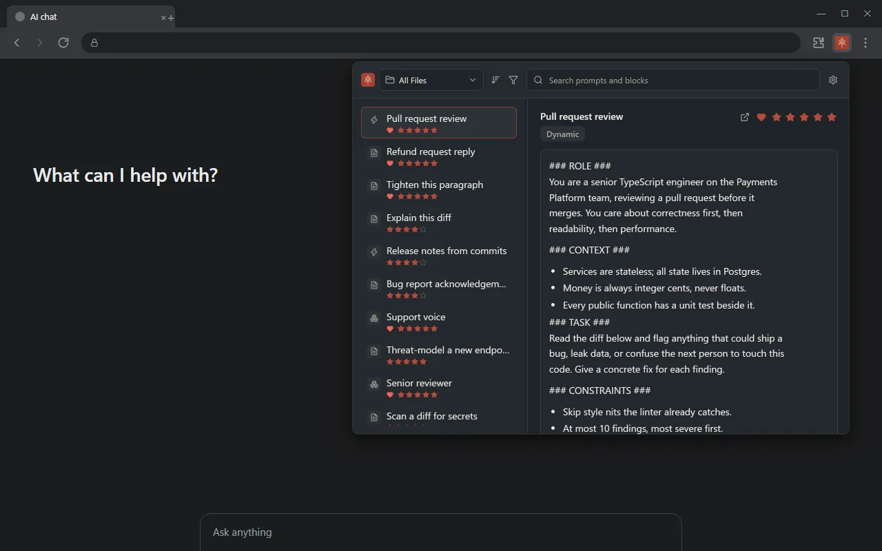 The PromptMason Chrome extension open from Chrome’s toolbar over a web page: search and folders at the top, a list of prompts, and the chosen prompt ready to copy.