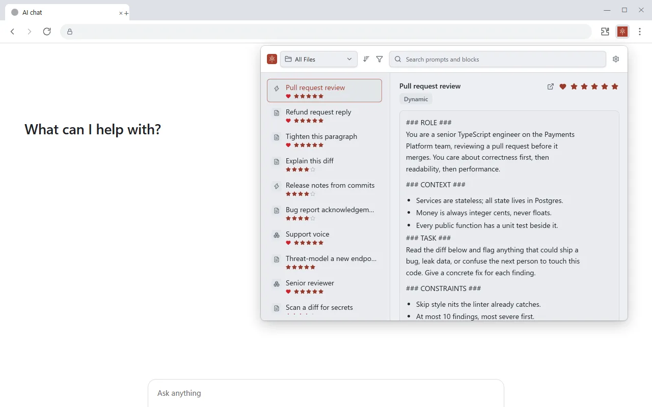 The PromptMason Chrome extension open from Chrome’s toolbar over a web page: search and folders at the top, a list of prompts, and the chosen prompt ready to copy.