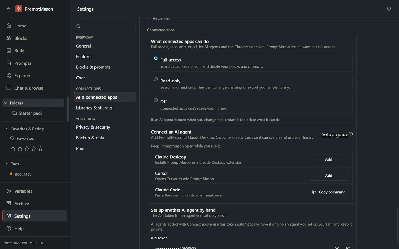 Settings, AI & connected apps: what connected apps can do (full access, read-only or off), and Claude Desktop, Cursor and Claude Code ready to add.