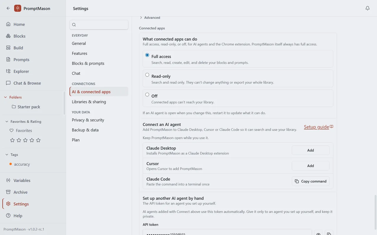 Settings, AI & connected apps: what connected apps can do (full access, read-only or off), and Claude Desktop, Cursor and Claude Code ready to add.