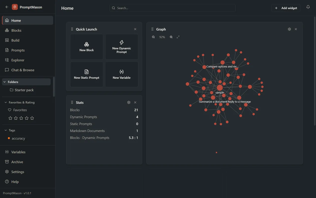 Home with Quick Launch, the library’s counts, and a graph of how its blocks and prompts connect.