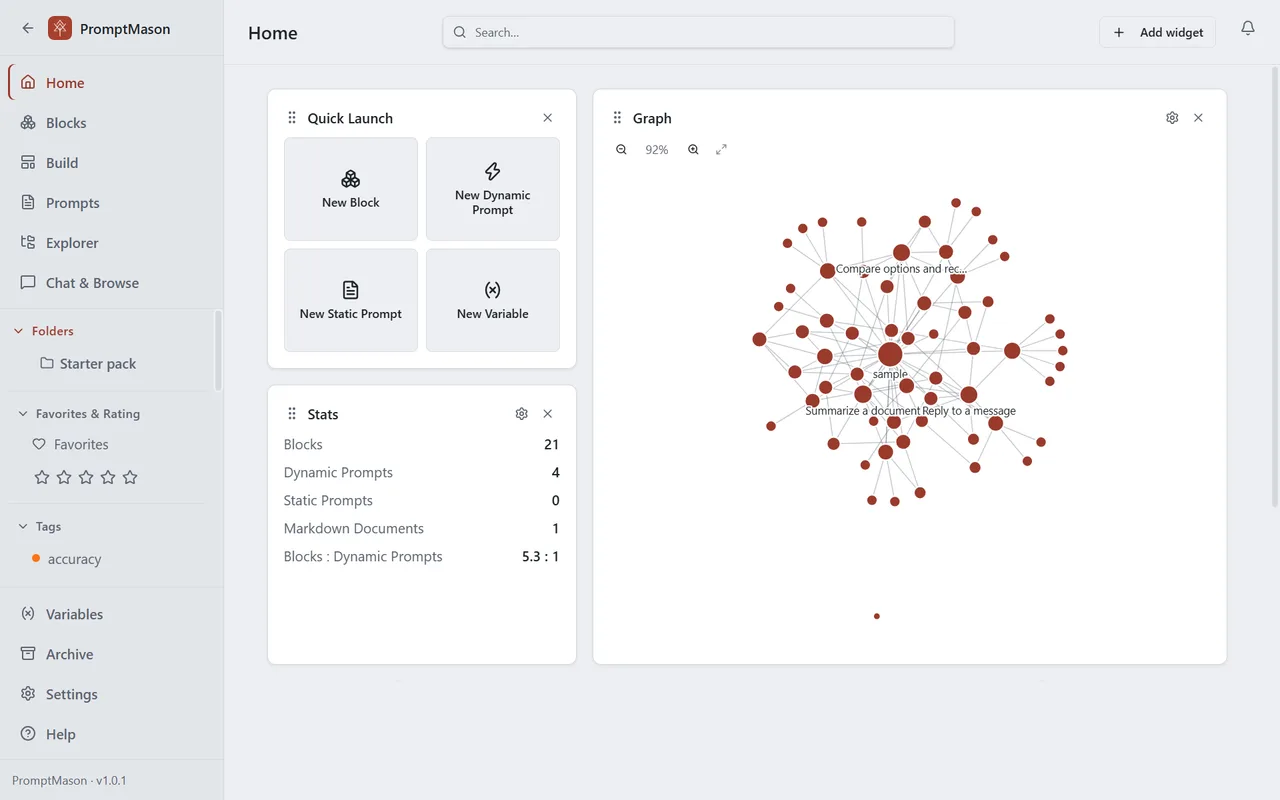 Home with Quick Launch, the library’s counts, and a graph of how its blocks and prompts connect.