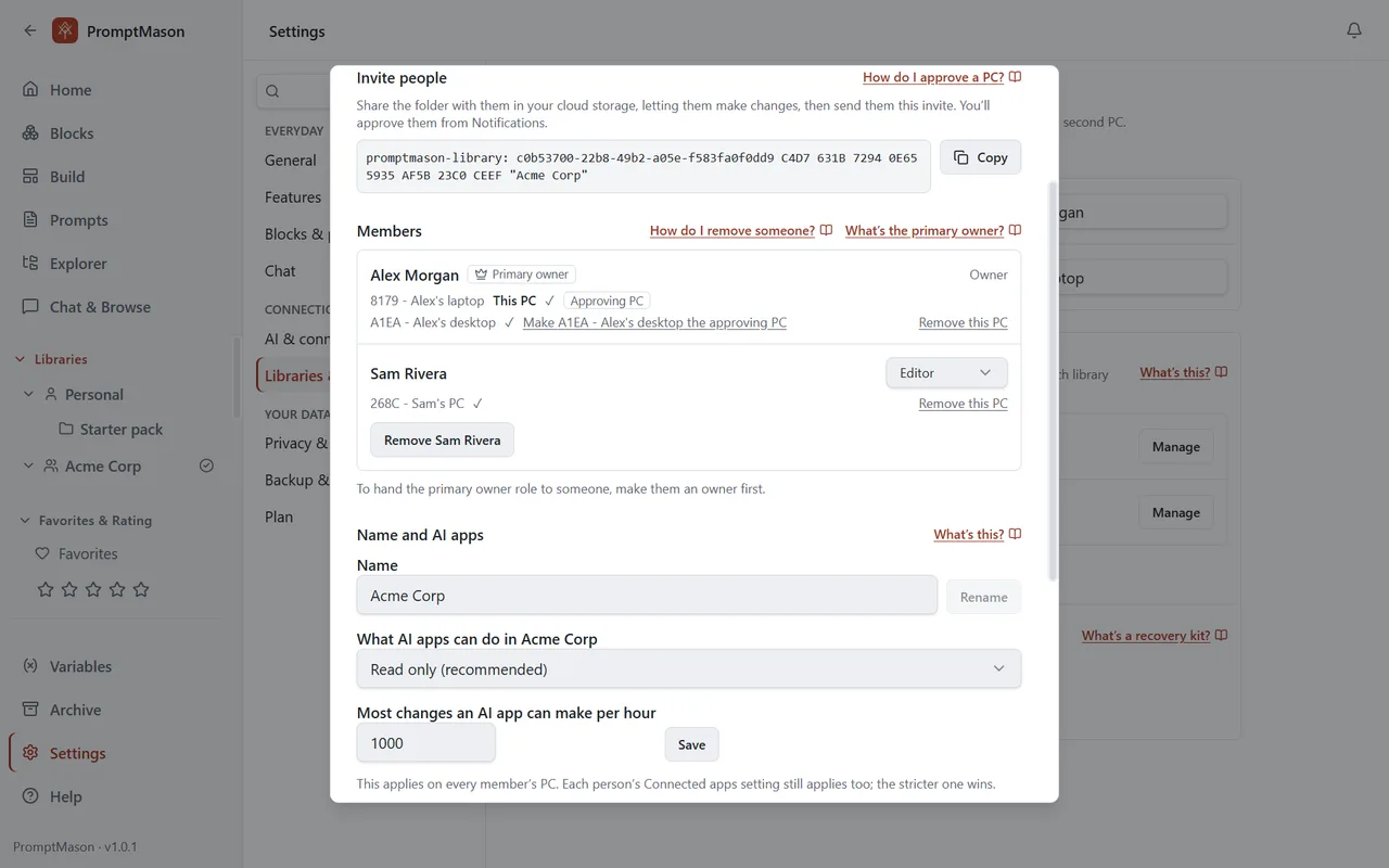 The Manage window of a team library called Acme Corp: the invite to send, and its members with their roles and PCs.