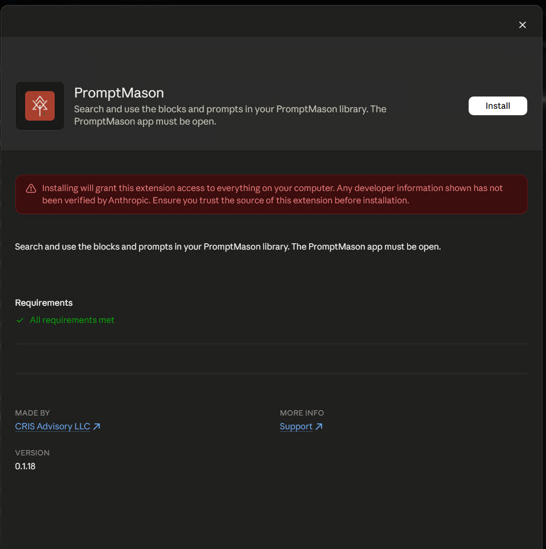 Claude Desktop’s install screen for PromptMason, with a red security notice under the name